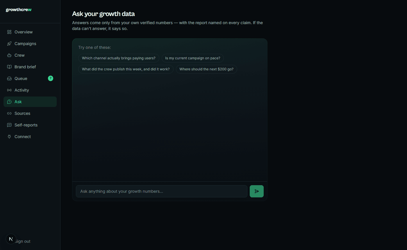 The Ask page: a chat that answers questions from your own verified growth data