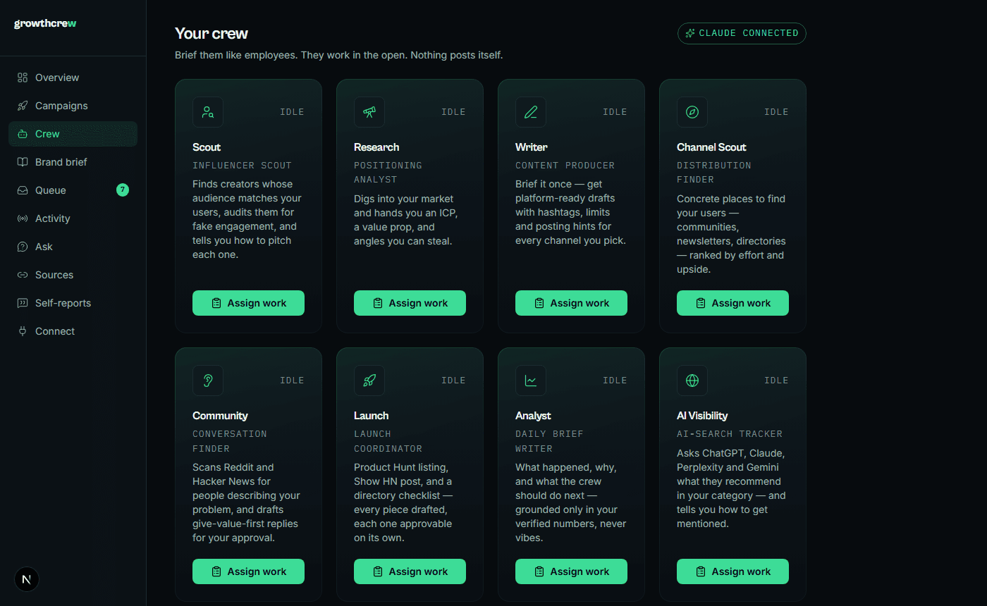 The crew page: eight agents with roles and live status, plus scheduled automated flows